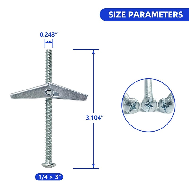 Instockbolts 1/4" x 3" Toggle Bolts and Wing Nut- Spring Toggle Bolt Anchors-Heavy Duty Hollow Wall Anchors for Drywall, Carbon Steel 10 Pack - Image 2